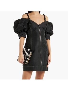 Ganni Black Puff-Sleeve Mini Dress with Front Zip